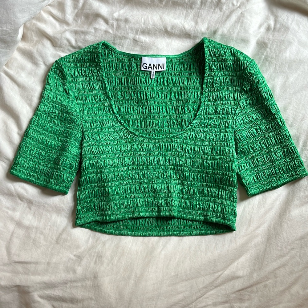 Ganni Green Ruched Crop Top